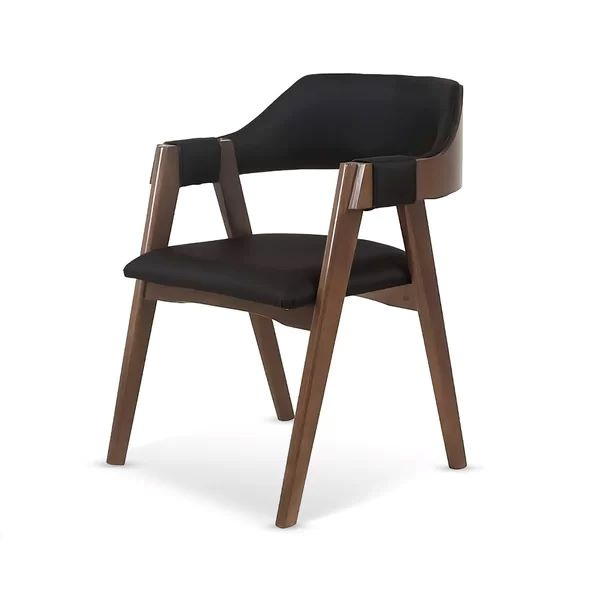 Cadeira Dália de Madeira Maciça Encosto Anatômico com Apoio no Braço mandeira na cor Imbuia tecido Courino Preto