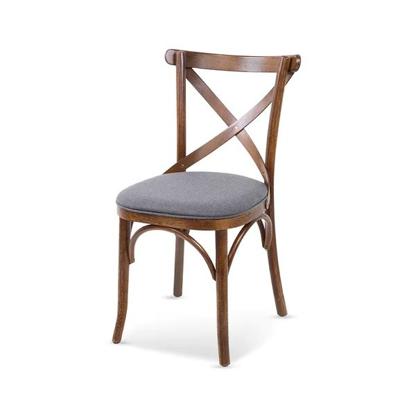 Cadeira  X de Madeira Maciça na cor imbuiai com Estofado Linho Cinza
