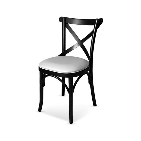 Cadeira  X de Madeira Maciça   com Estofado, madeira na cor  Preta -  tecido Courino Branco