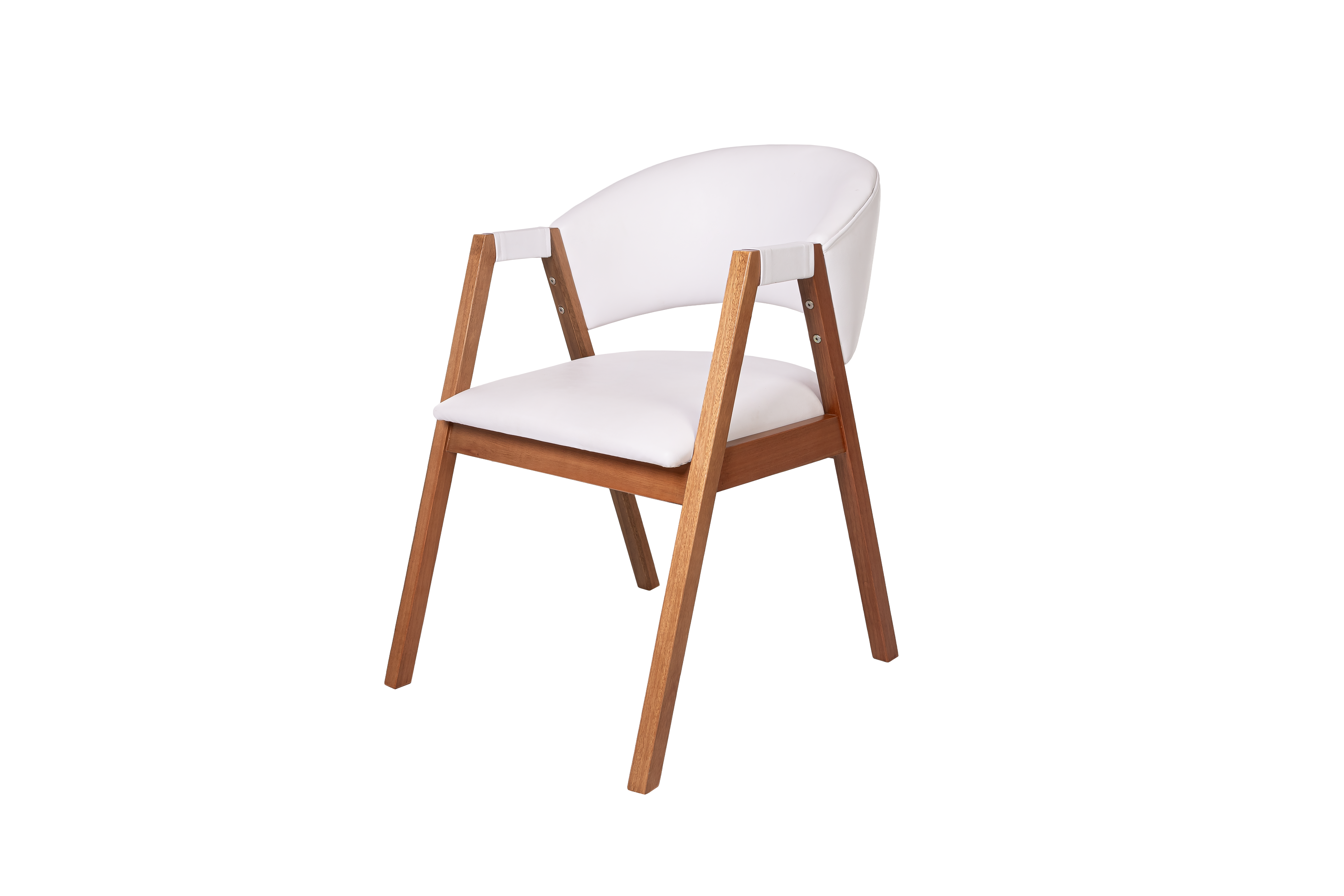 Cadeira Hibisco de Madeira Maciça Encosto Anatômico com Apoio no Braço madeira na cor amendoa tecido na cor  Courino Branco