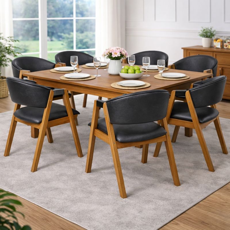 Cadeira Hibisco de Madeira Maciça Encosto Anatômico com Apoio no Braço madeira na cor amendoa tecido na cor  Courino Preto