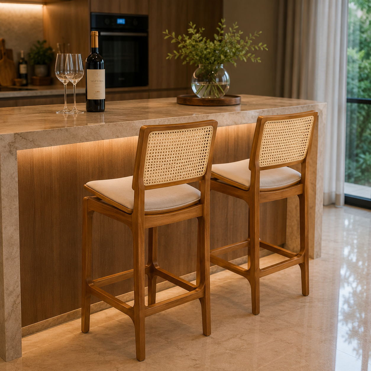 Banqueta Camélia  Madeira Maciça Encosto em Tela e Assento Anatômico Estofado madeira na cor Imbuia -  Tecido Linho Off-White