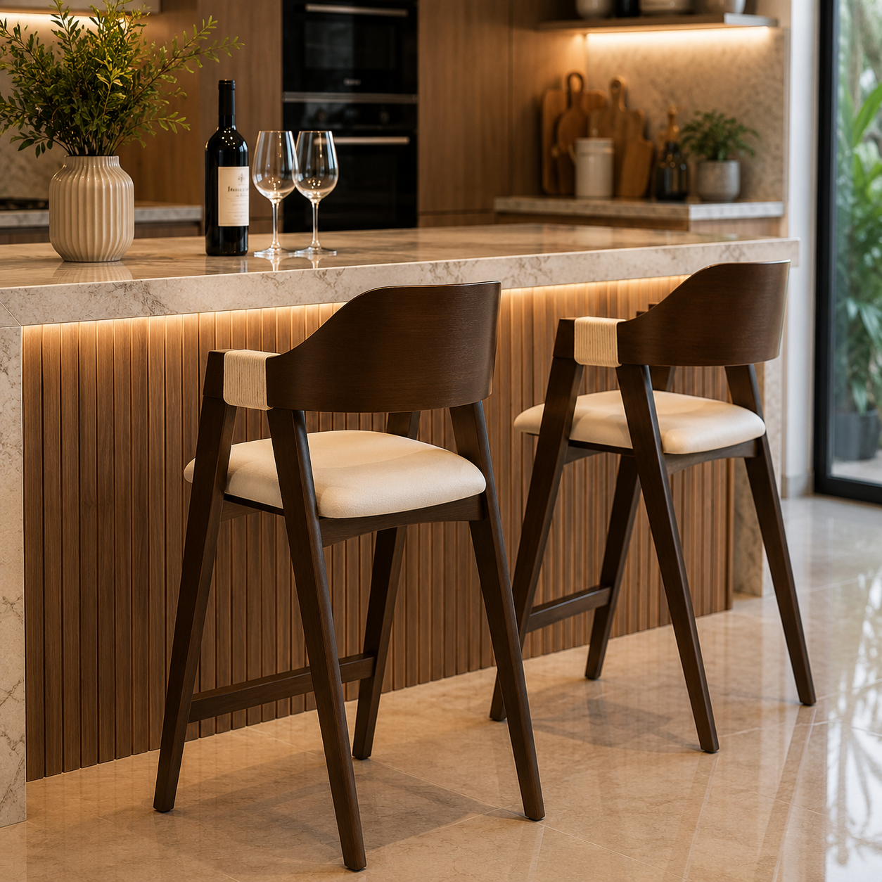 Banqueta Dália Madeira Maciça  Estofada com Apoio de Braço madeira na cor  Castanho -  Tecido Linho Off-White
