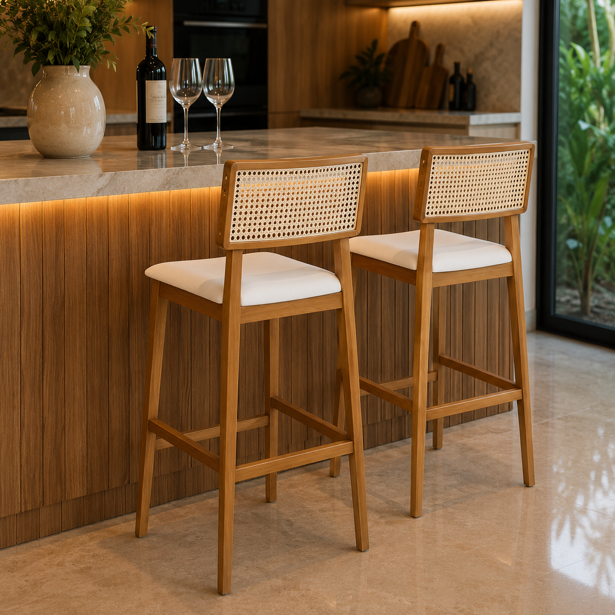 Banqueta Libano com Encosto em Tela - Madeira na cor Imbuia - tecido Linho Off-White