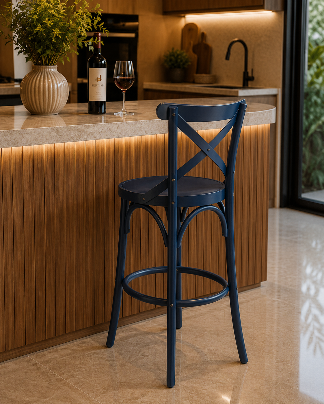 Banqueta  Madeira Maciça X na Cor Azul – Alta - Conforto e Estilo para sua Decoração - Mobiliario Rústico