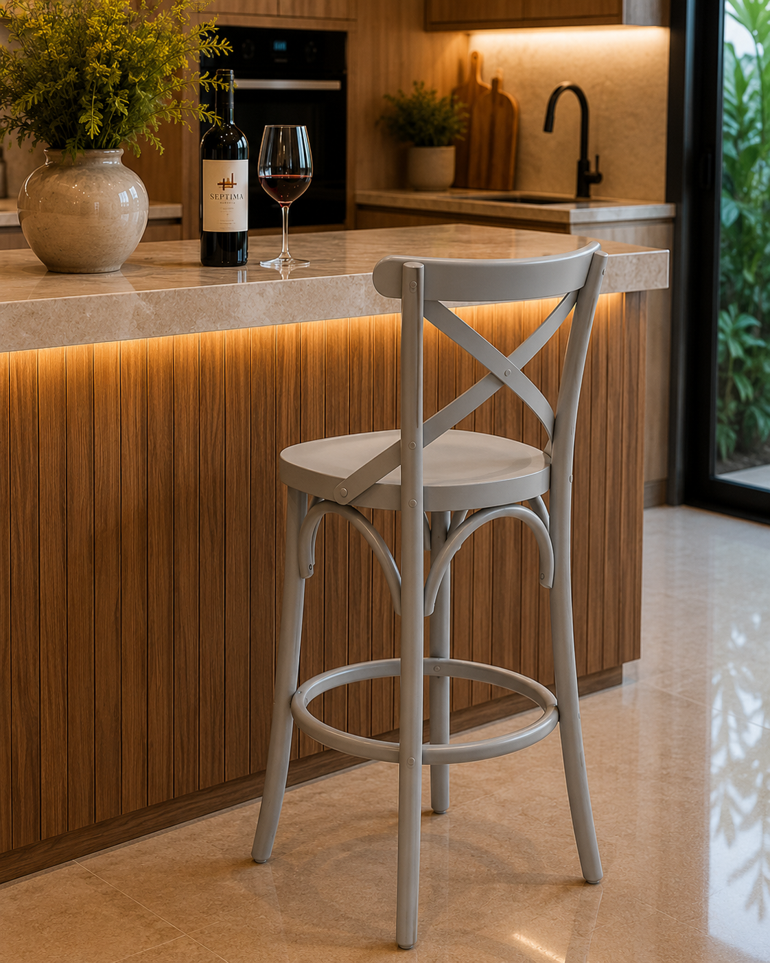 Banqueta de Madeira Maciça X na Cor Cinza – Alta - Conforto e Estilo para sua Decoração - Mobiliario Rústico