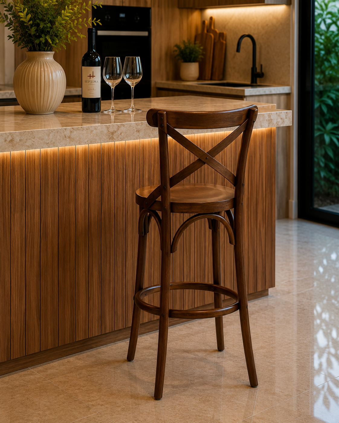 Banqueta de Madeira Maciça X na Cor Imbuia – Alta - Conforto e Estilo para sua Decoração - Mobiliario Rústico