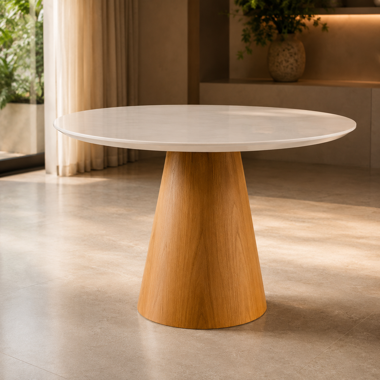 Mesa Veneza com Base Hexagonal na cor Imbuia Tampo Redondo Com Vidro 4mm Off White