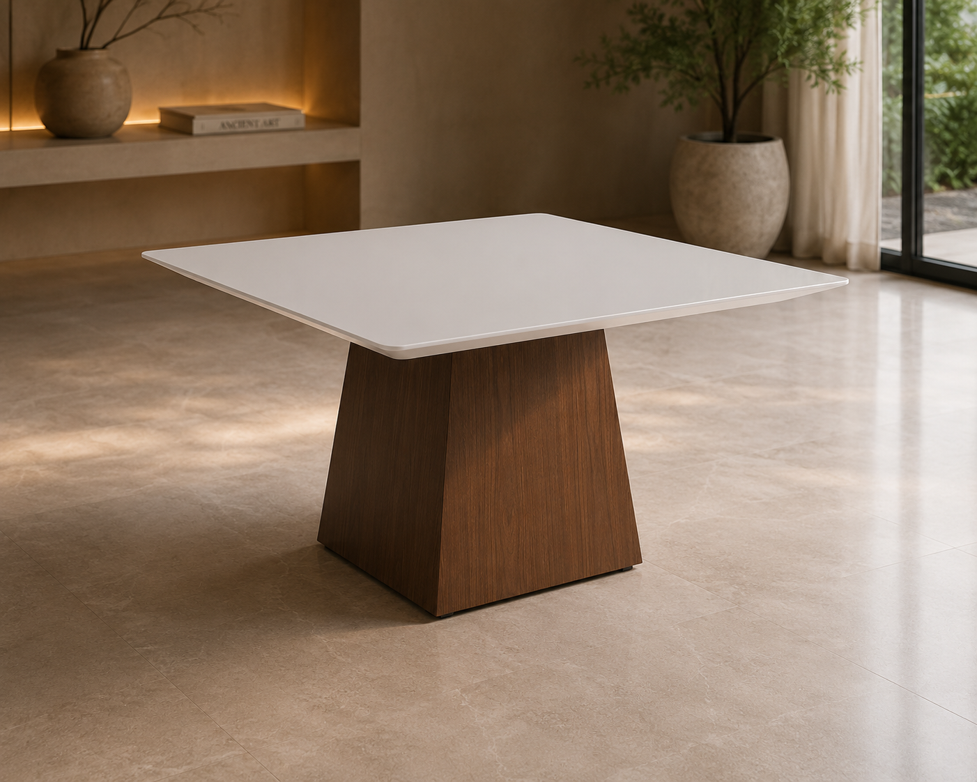 Mesa França com Base Trapézio na cor Castanho com Tampo Retangular com Vidro 4mm Branco 